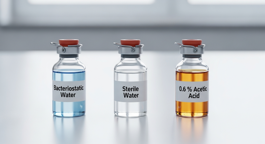 Three laboratory vials: bacteriostatic water, sterile water, and 0.6% acetic acid for peptide reconstitution