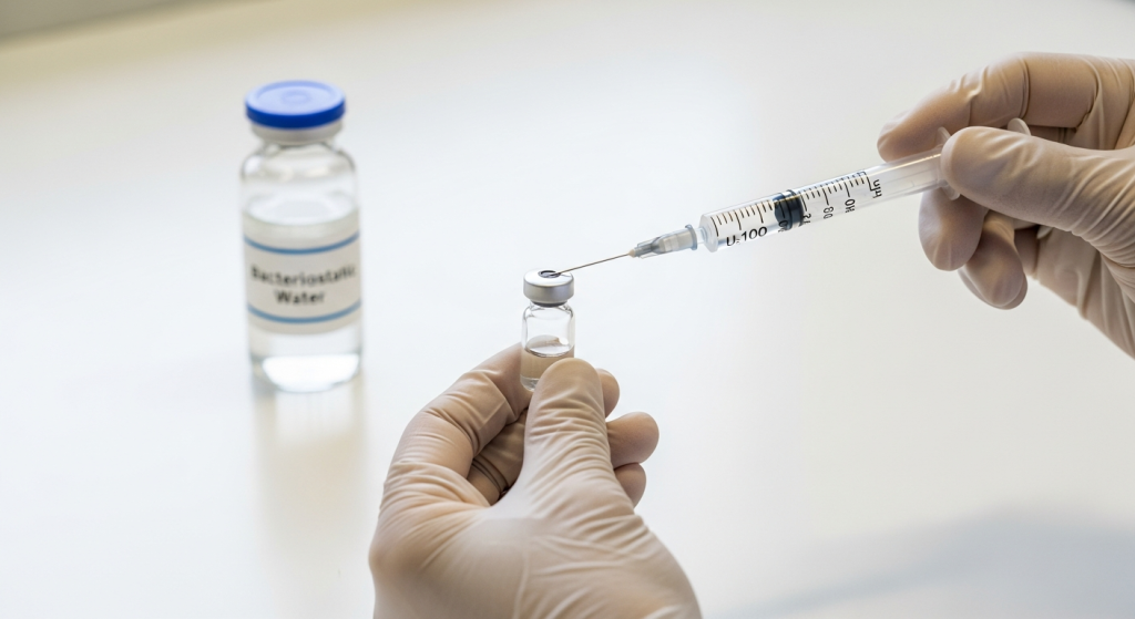Researcher holding a peptide vial over a laboratory bench for a concentration reference