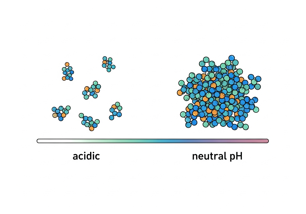 Scientific diagram showing how pH affects peptide solubility and aggregation