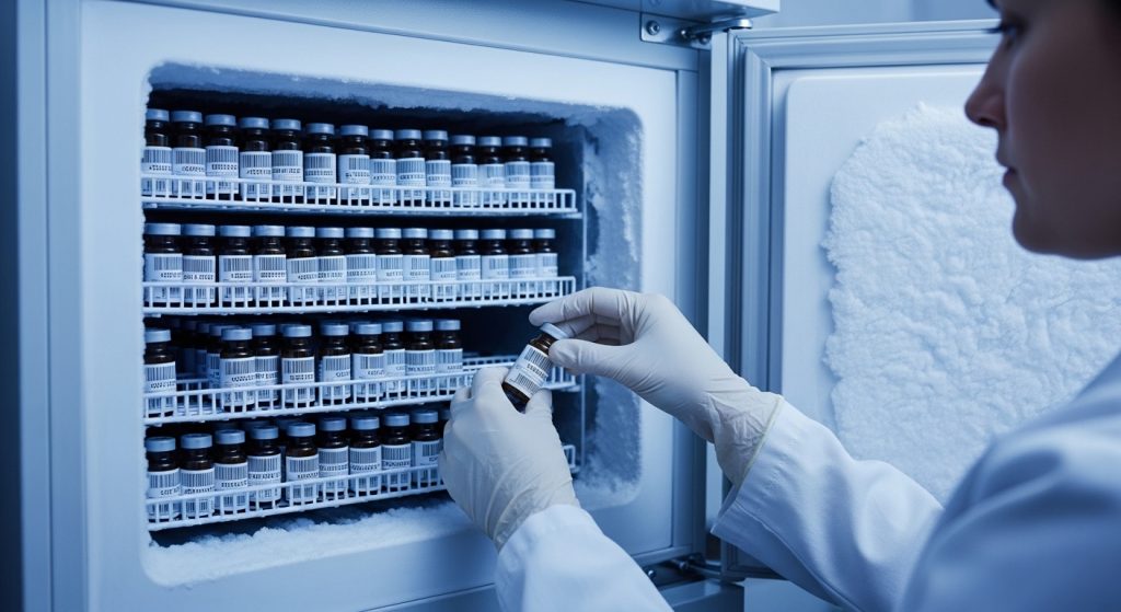 Researcher organizing lyophilized peptide vials in ultra-low temperature freezer for long-term storage