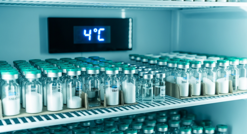 Glass peptide vials stored in pharmaceutical refrigerator at 4°C for optimal shelf life