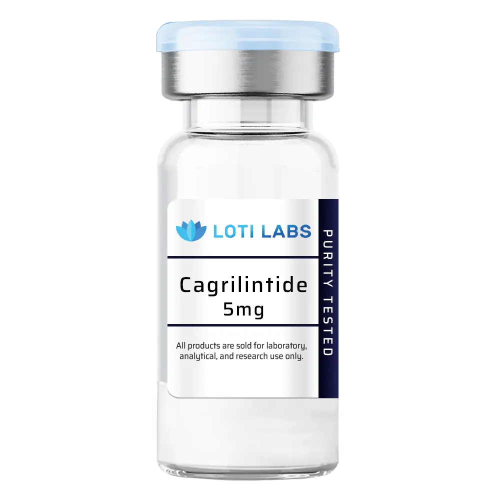 A clear vial labeled "Cagrilintide 5mg" with a blue and silver cap contains cagrilintide for laboratory, analytical, and research use only.