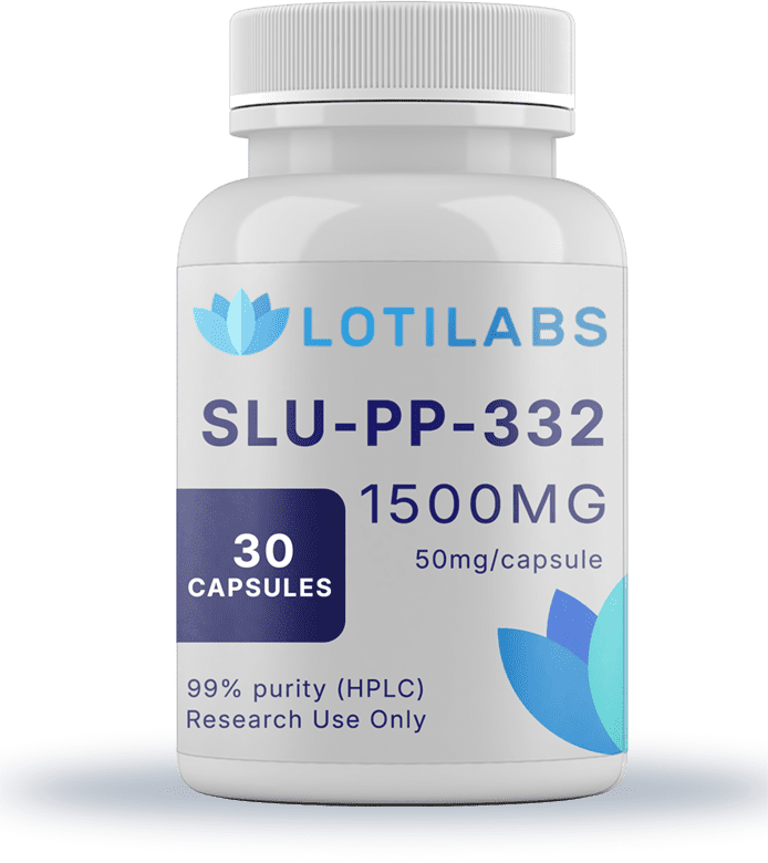 A white bottle labeled "SLU-PP-332 Capsules (50mg/capsule, 30 capsules)" contains 30 capsules (99% purity, HPLC); for Research Use Only.