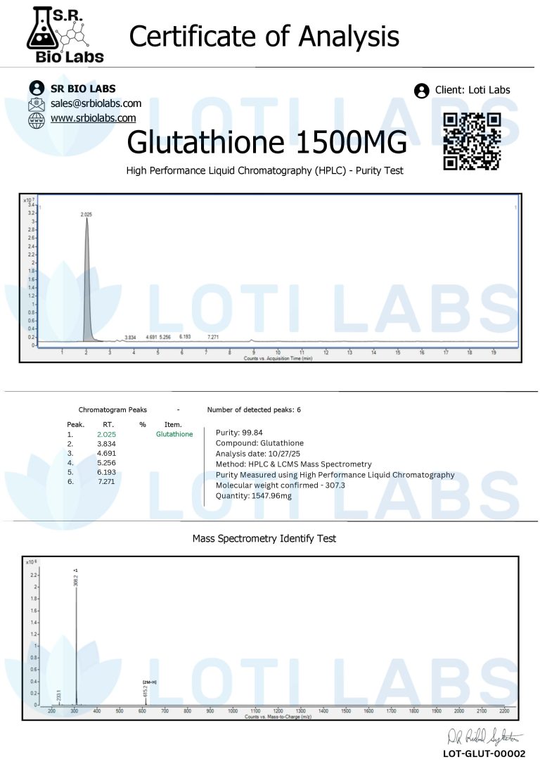 Certificate of Analysis for Glutathione 1500MG showing HPLC purity test results, chromatogram, and compound details from SR Bio Labs for client Loti Labs.