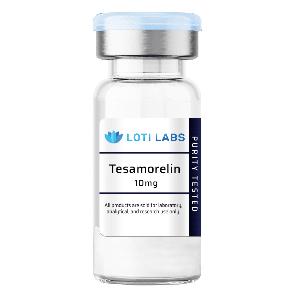 A clear vial labeled "Tesamorelin 10mg" with a silver cap and a purity tested label, for laboratory, analytical, and research use only.