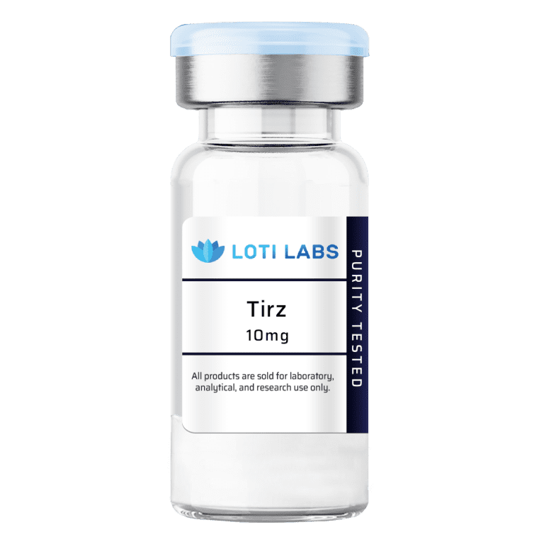 A clear vial labeled "Loti Labs Tirz 10mg" with a blue cap, for laboratory, analytical, and research use only.