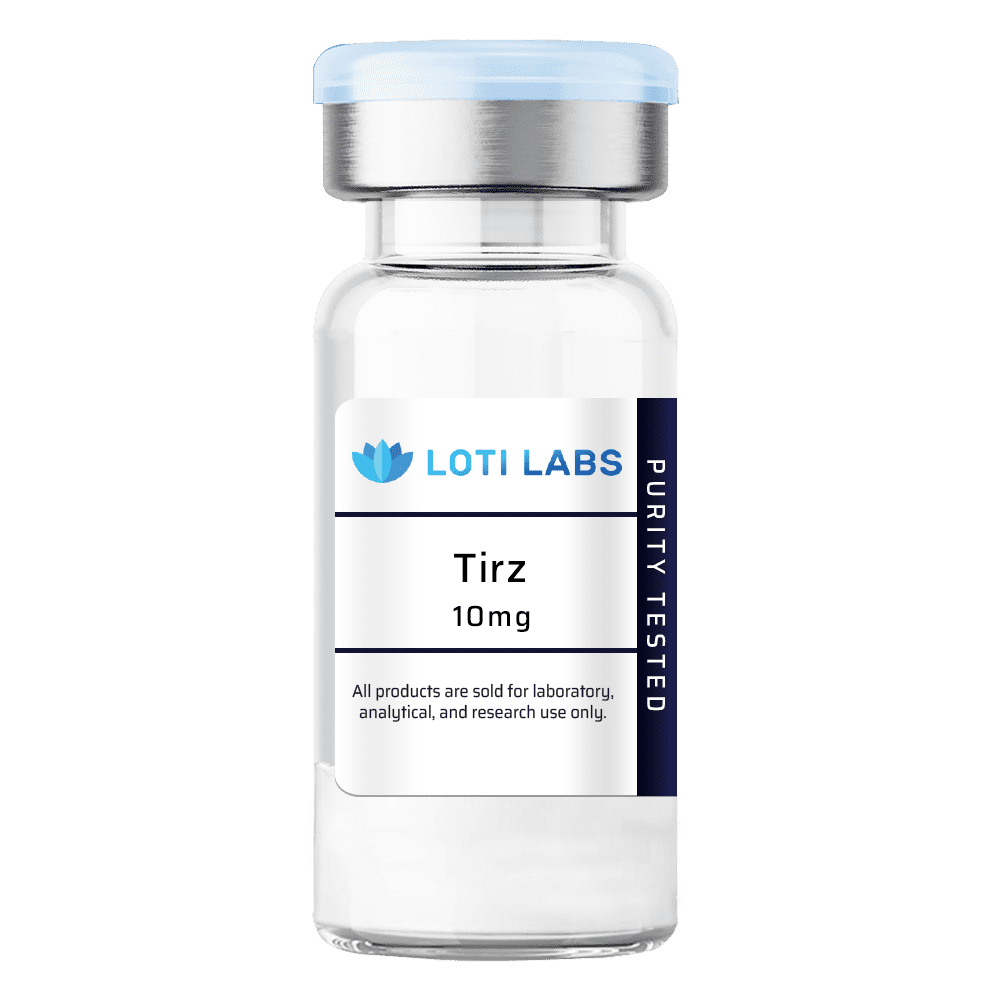 A clear vial labeled "Loti Labs Tirz 10mg" with a blue cap, for laboratory, analytical, and research use only.