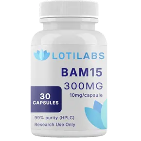 White plastic bottle labeled "LOTILABS BAM15 300MG 30 capsules, 10mg/capsule, 99% purity (HPLC), Research Use Only.