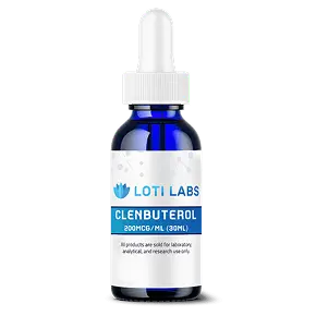 Blue bottle labeled "Loti Labs Clenbuterol 200mcg/ml (30ml)" with a dropper cap. Label states for laboratory, analytical, and research use only.
