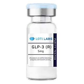 A vial labeled "GLP-3 (R) 5mg" from Loti Labs, with a blue cap and "Purity Tested" text on the side. For laboratory, analytical, and research use only.