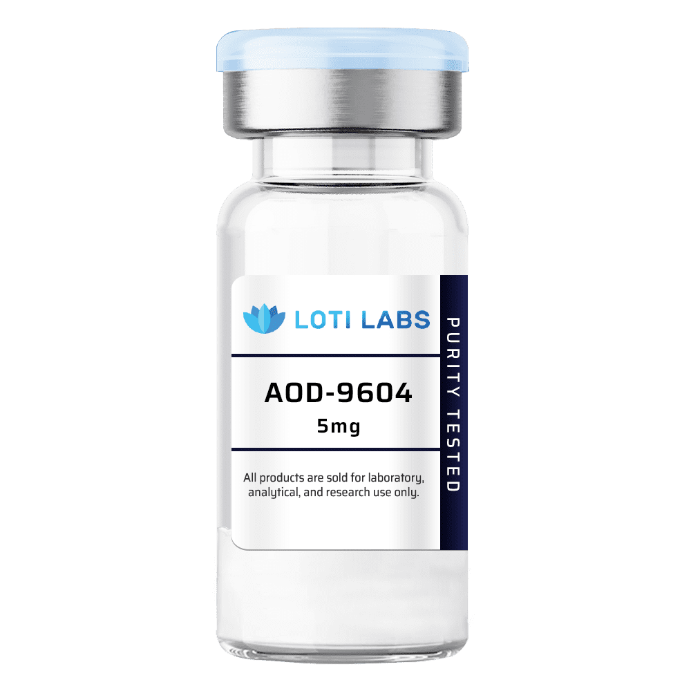 A clear vial labeled "LOTI LABS AOD-9604 5mg" with text noting it is for laboratory, analytical, and research use only.