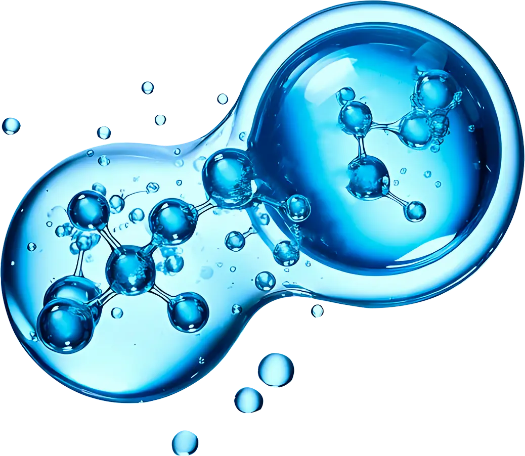 A blue, stylized illustration of a cell undergoing division, featuring visible molecular structures and suspended bubbles.
