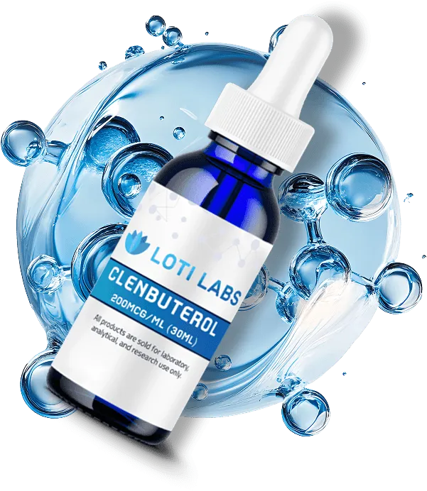 A blue dropper bottle labeled "Loti Labs Clenbuterol 200mcg/ml (30ml)" is shown with water droplets and molecular structures in the background.