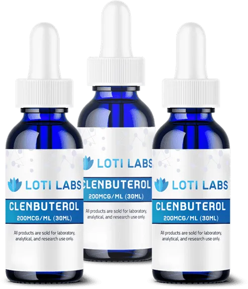 Three blue dropper bottles labeled "Loti Labs Clenbuterol 200mcg/ml (30ml)" for laboratory, analytical, and research use only.