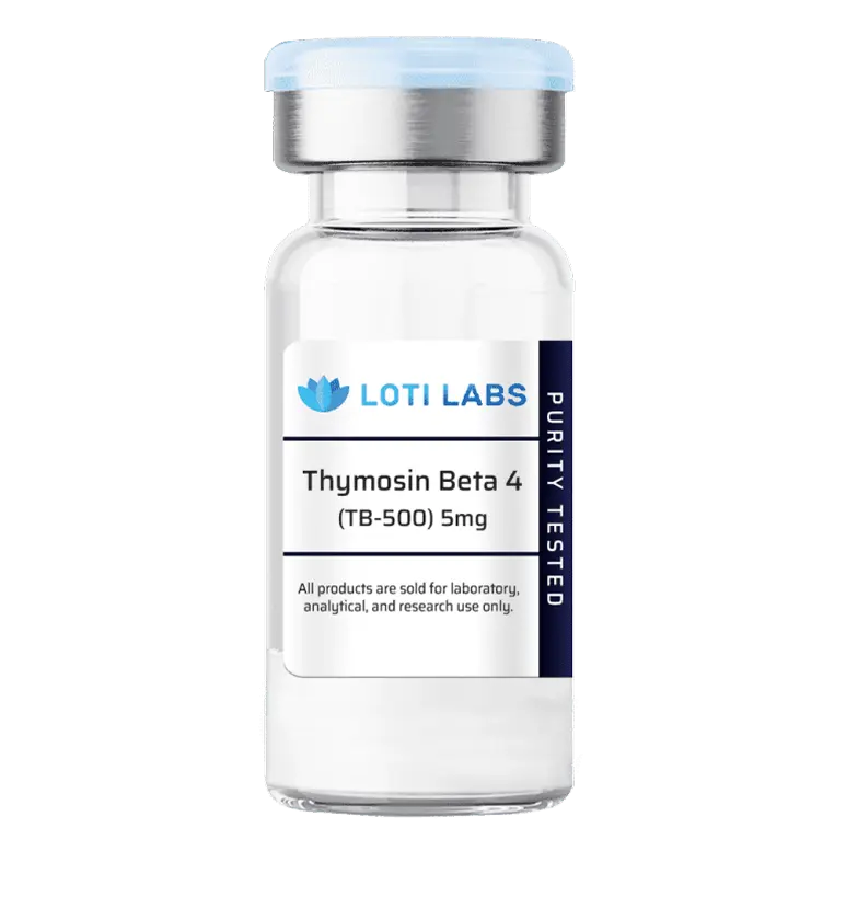 A clear vial labeled "Thymosin Beta 4 (TB-500) 5mg" from Loti Labs, with a blue cap and "Purity Tested" written on the label.