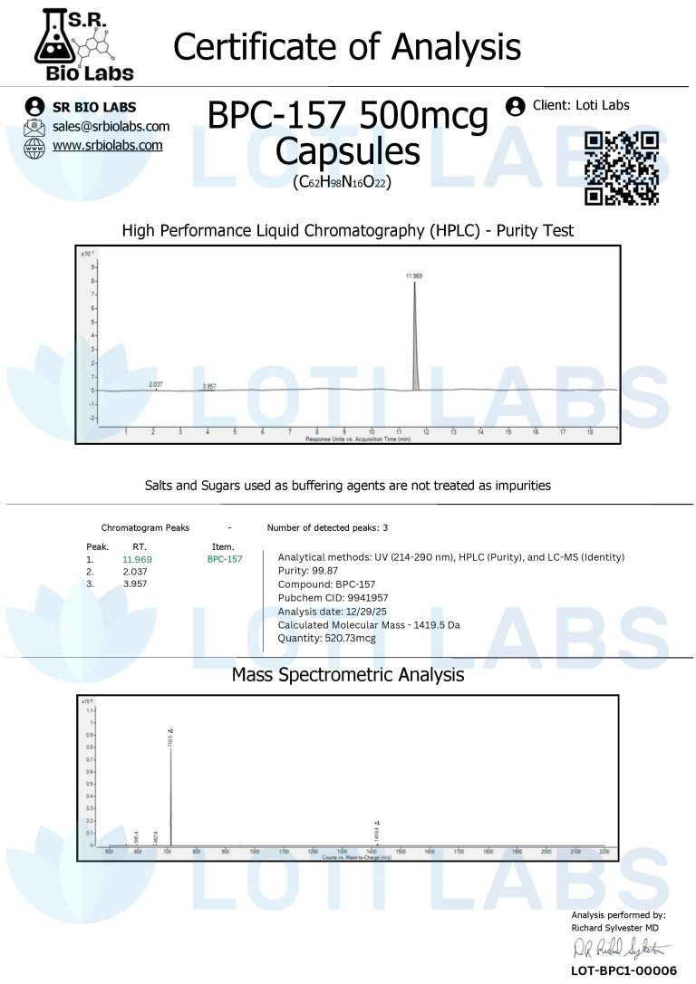 Certificate of Analysis for BPC-157 500mcg capsules, showing HPLC purity and mass spectrometry results, with compound details and SR Bio Labs and Loti Labs branding.