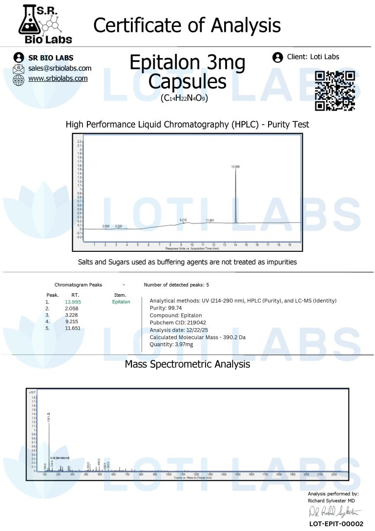 Certificate of analysis for Epitalon 3mg capsules showing HPLC purity test and mass spectrometric analysis data with charts and test details.