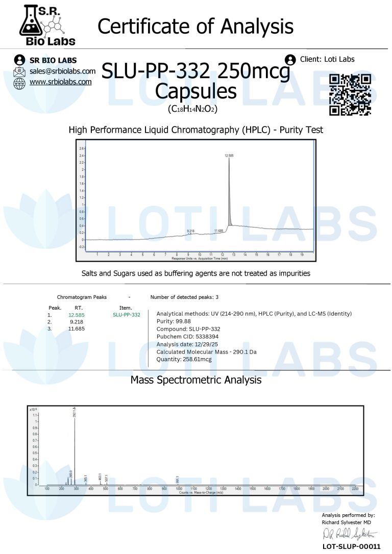 Certificate of analysis for SLU-PP-332 250mcg capsules showing HPLC purity test graph, mass spectrometry analysis, and product details from S.R. Bio Labs.