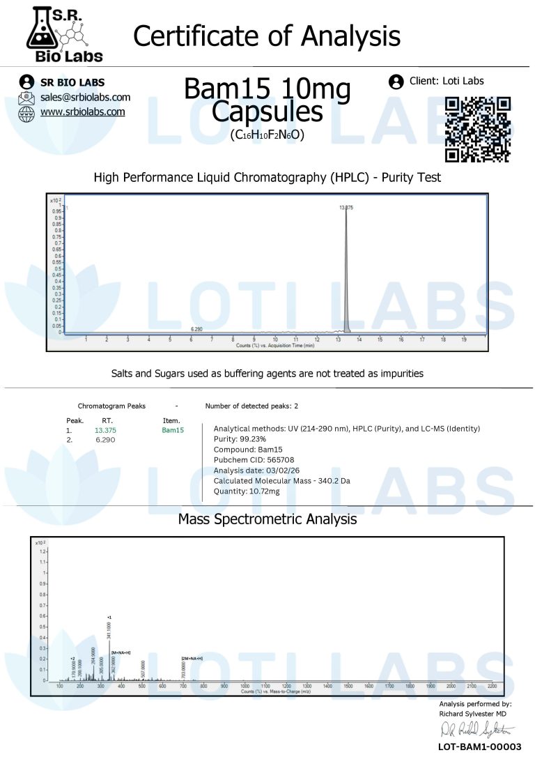 Certificate of analysis for Bam15 10mg capsules, showing HPLC purity test and mass spectrometry analysis results with labeled peaks and product details.