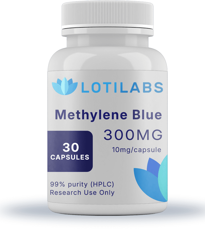 A white bottle labeled "Methylene Blue Capsules (10mg/capsule, 30 capsules)" provides high-quality methylene blue designed for advanced research applications.