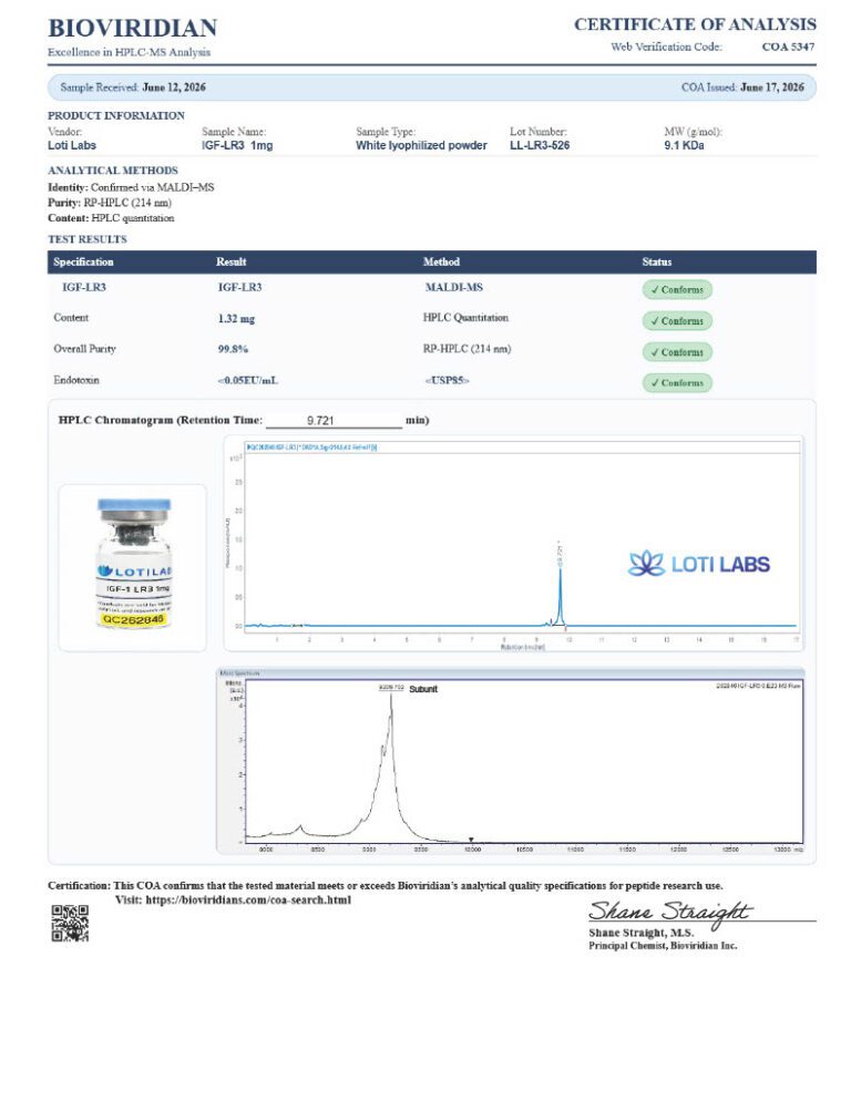 Certificate of analysis for IGF-LR3
