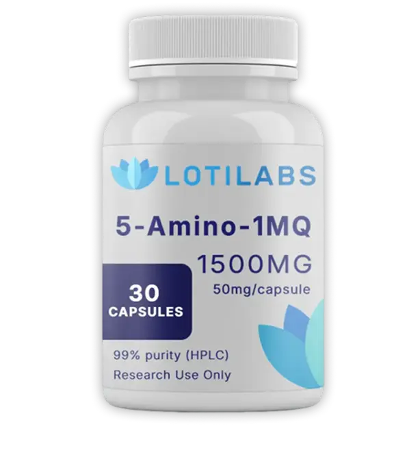 A white bottle labeled "LOTILABS 5-Amino-1MQ 1500mg, 50mg/capsule, 30 capsules, 99% purity (HPLC), Research Use Only" with blue and teal design elements.