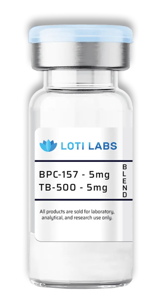 A clear vial labeled "Loti Labs" contains BPC-157 (5mg) and TB-500 (5mg); text notes it's for laboratory, analytical, and research use only.