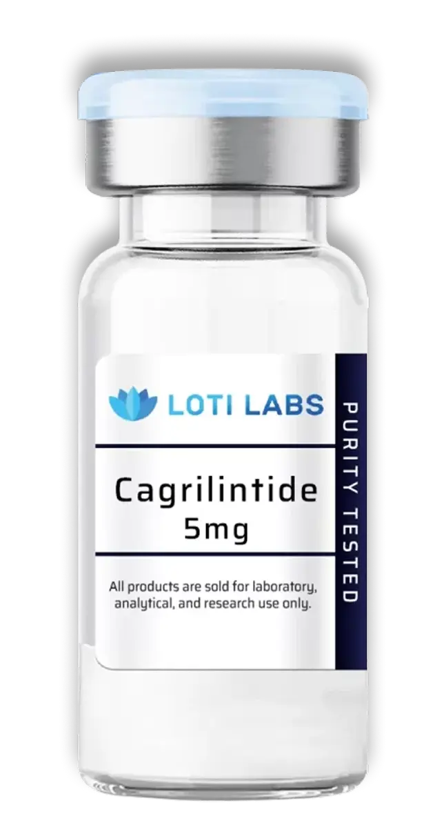 A clear vial labeled "Loti Labs Cagrilintide 5mg," marked "Purity Tested" and "for laboratory, analytical, and research use only.
