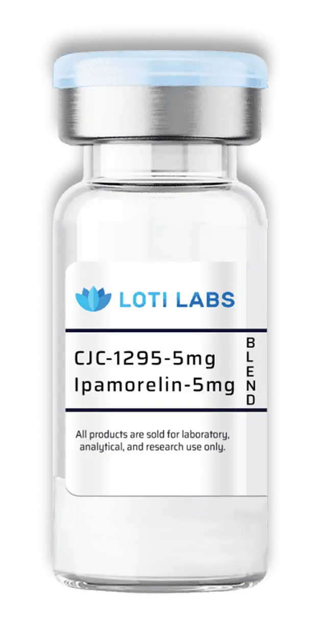 A clear glass vial labeled "LOTI LABS CJC-1295-5mg Ipamorelin-5mg BLEND" with a blue cap, intended for laboratory, analytical, and research use only.