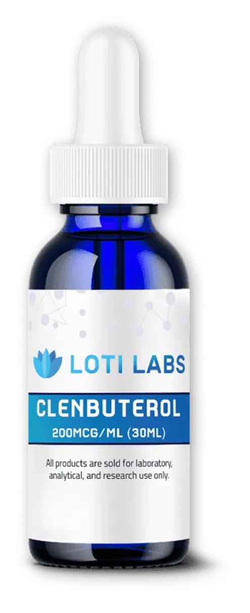 Blue dropper bottle labeled "Clenbuterol 200mcg/ml (30ml)" from Loti Labs, for laboratory, analytical, and research use only.