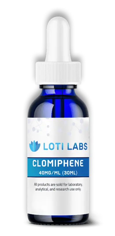 A blue glass dropper bottle labeled "Loti Labs Clomiphene 40mg/ml (30ml)" for laboratory, analytical, and research use only.