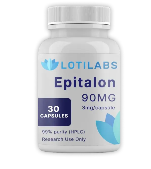 A white bottle labeled "Epitalon 90MG" by LOTILABS contains 30 capsules; it states 99% purity (HPLC) and "Research Use Only.