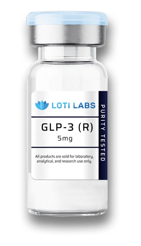 A clear vial labeled "GLP-3 (R) 5mg" from Loti Labs, marked "Purity Tested" and "For laboratory, analytical, and research use only.