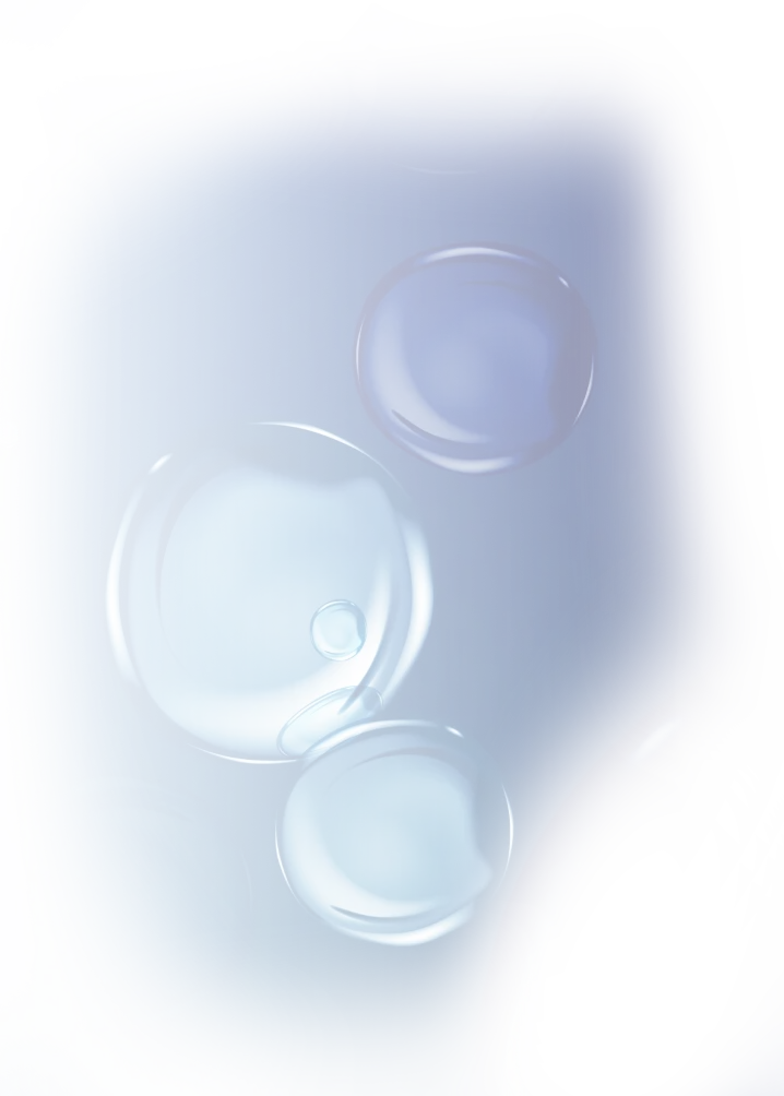 Abstract image of translucent blue liquid droplets on a dark blue background, with light reflections highlighting their glossy texture.