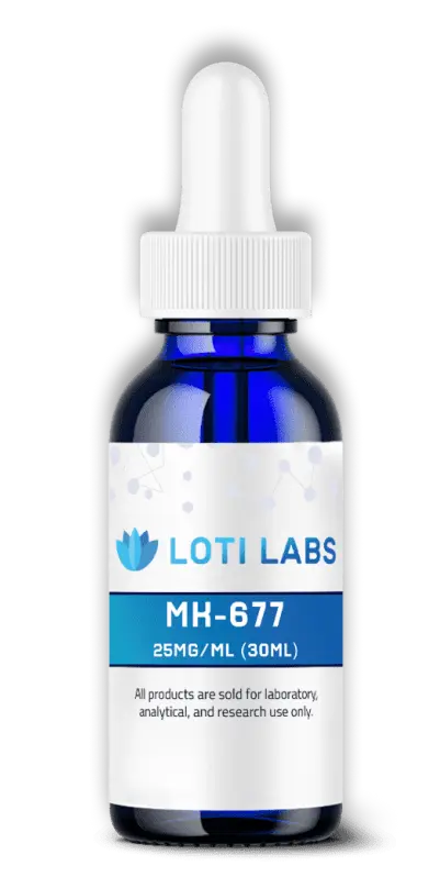 A blue glass dropper bottle labeled "Loti Labs MH-677 25mg/ml (30ml)" with a white cap, intended for laboratory, analytical, and research use only.