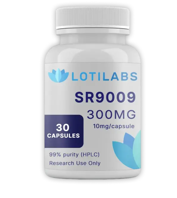 A white bottle labeled "LOTILABS SR9009 300MG, 10mg/capsule," contains 30 capsules and states "99% purity (HPLC), Research Use Only.